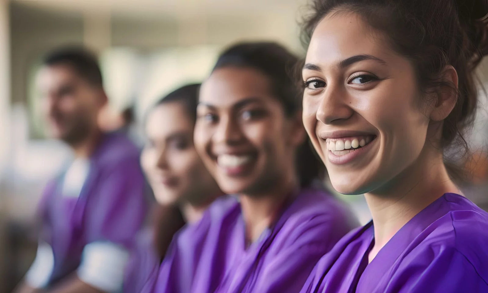 Group of young hygienists in purple scrubs smiling