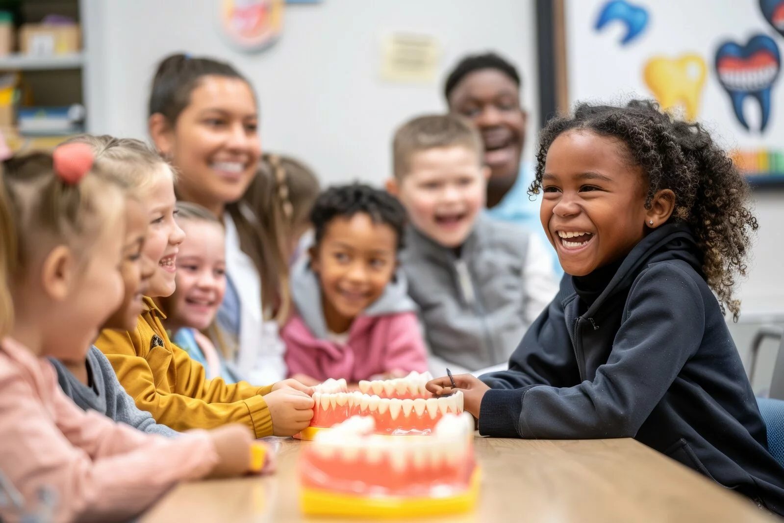 Children in a classroom learning about oral care