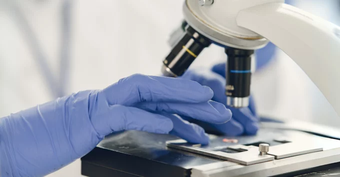 Blue latex gloved hands handling a specimen slide on a white trinocular microscope