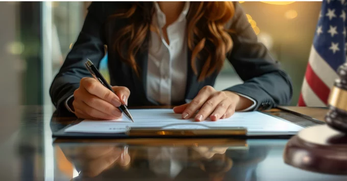 Female legislator signing a bill at a desk