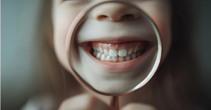 close up view child's smile in a magnifying glass