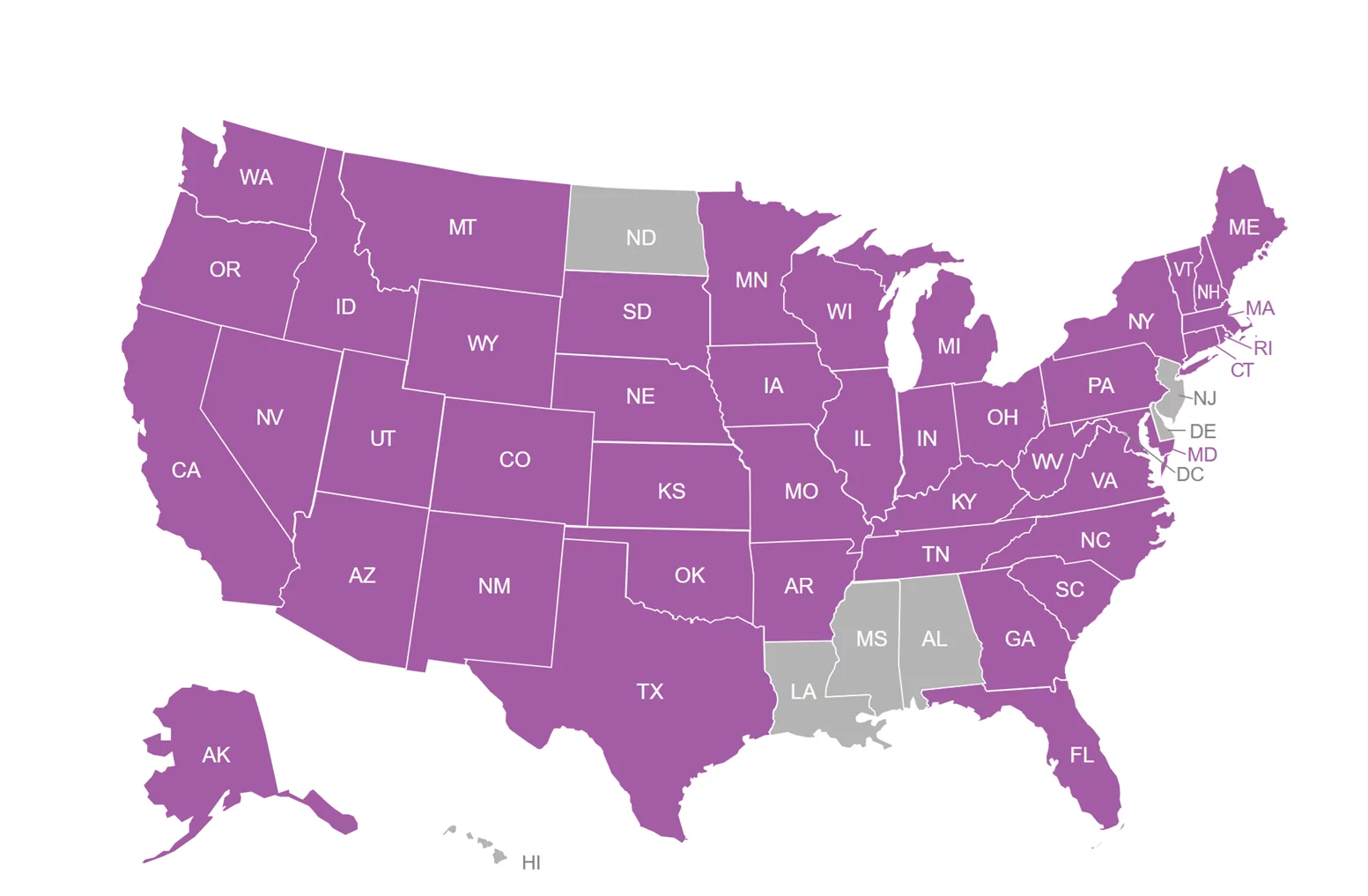 Map of US with 43 states colored in purple