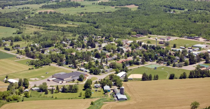 Rural American town surrounded by farms, fields and forrests